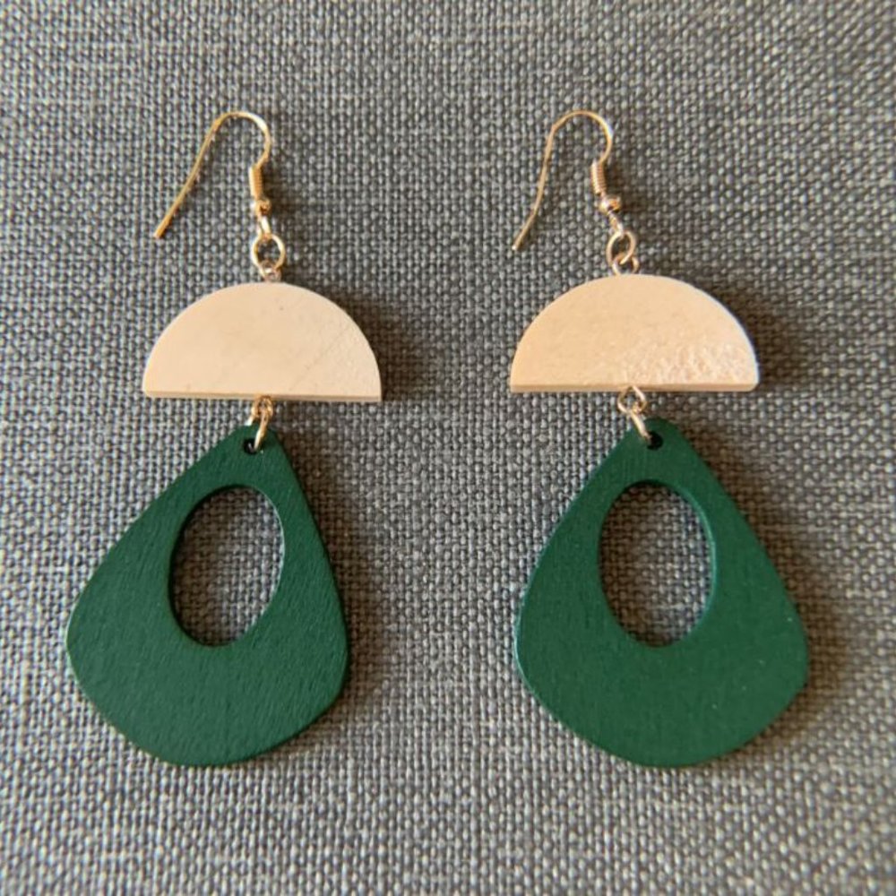 Green & Natural Wooden Dangle Earrings